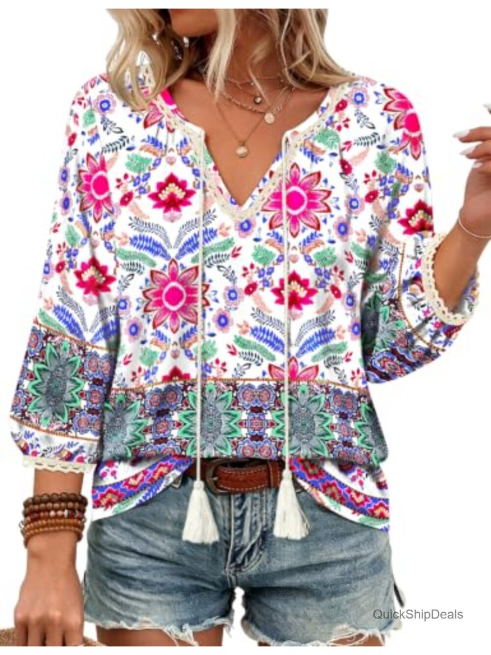 Womens Cotton Blend Boho Blouse 3/4 Sleeve V Neck Tie Front Flowy Peasant Top